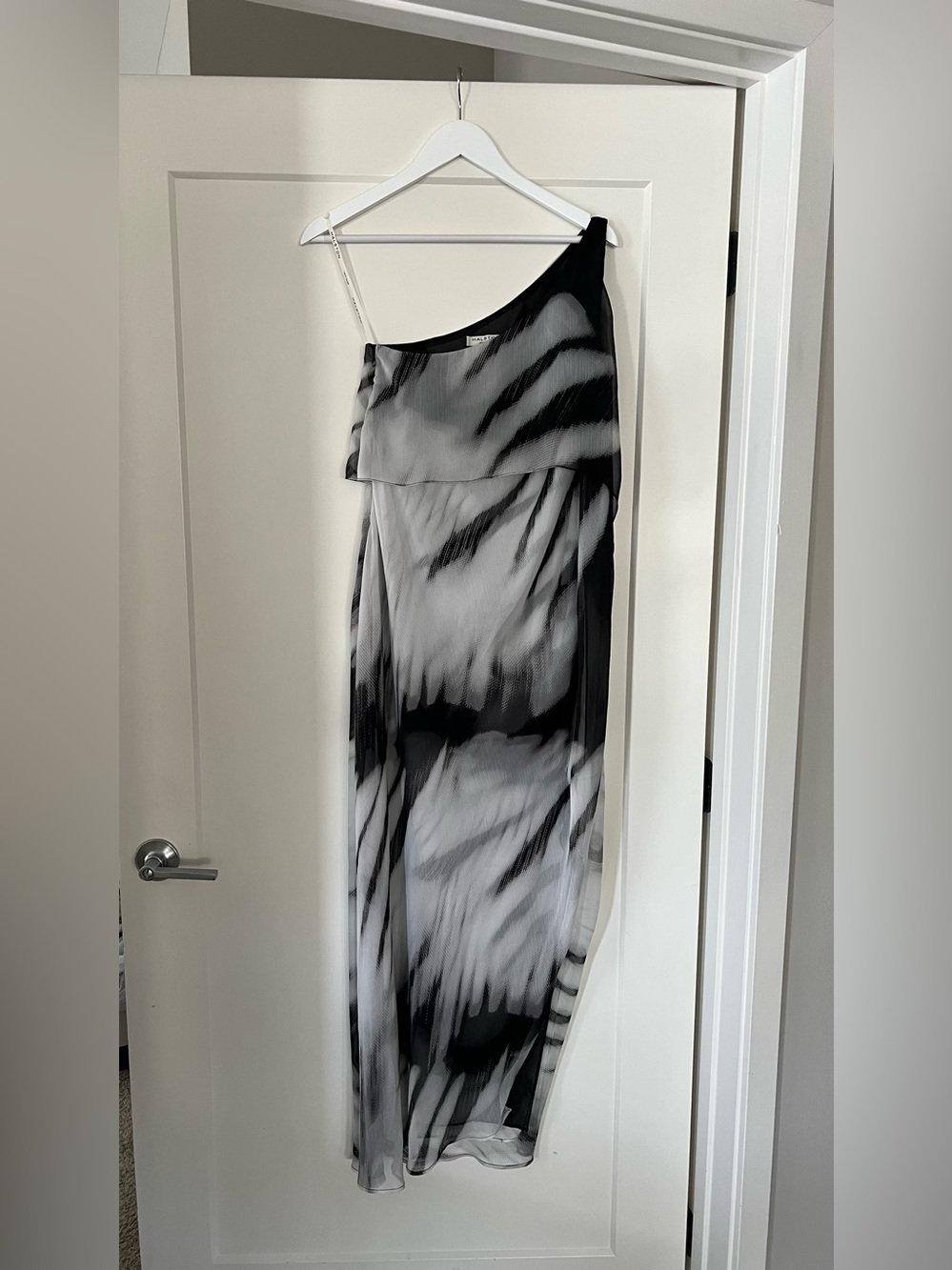 Halston Heritage One-Shoulder Black and White Ombre Maxi Dress